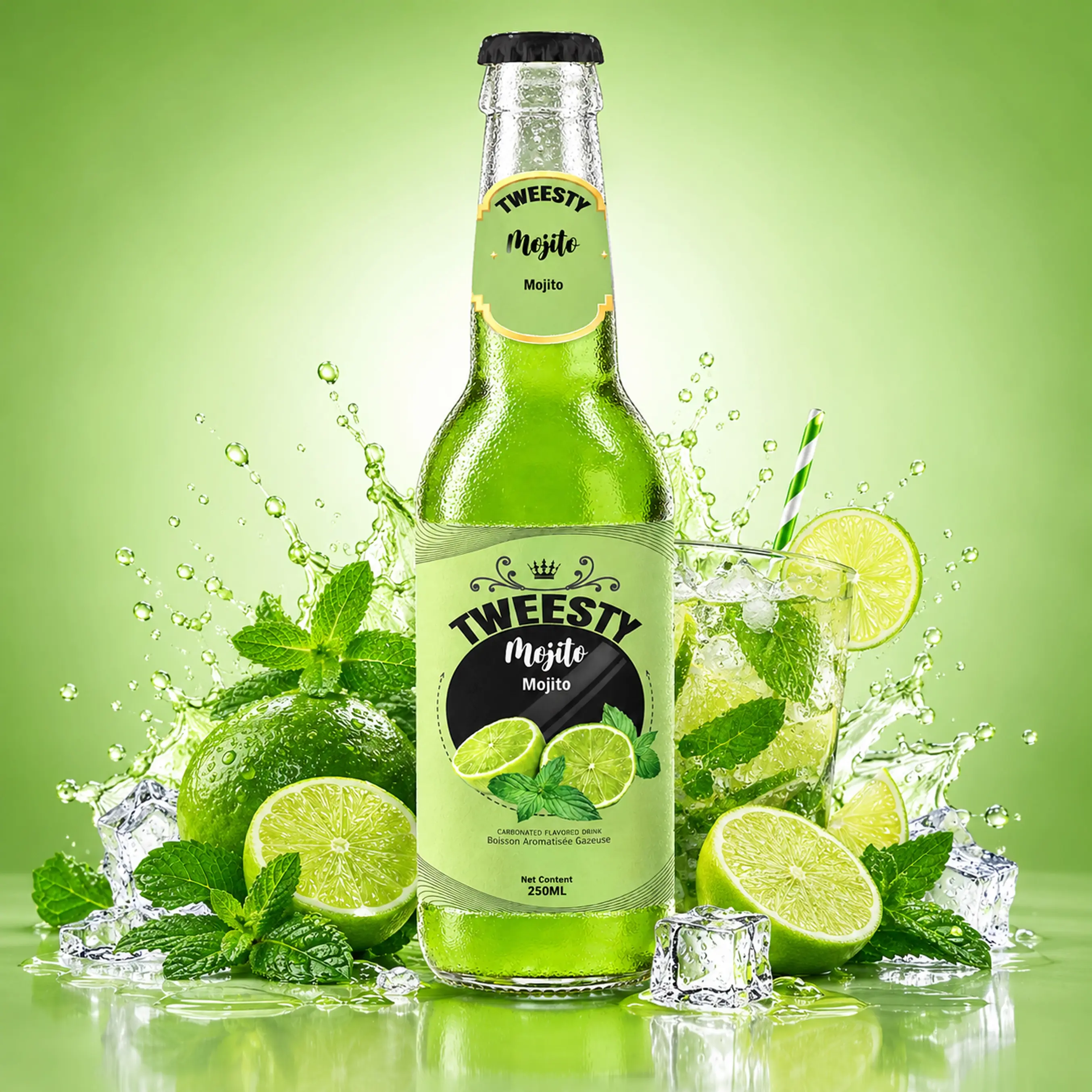 TWEESTY Mojito carbonated flavoured drink 250ml glass bottle with lime, mint, ice and splash